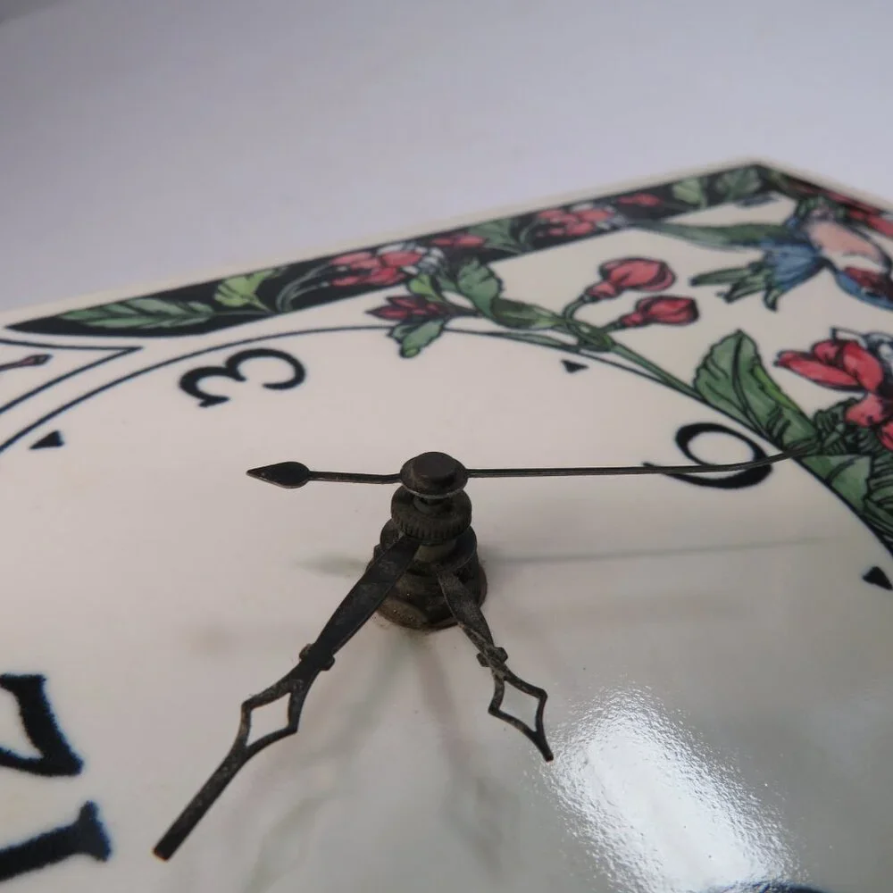 Hummingbird & Fuchsia Glazed Ceramic Tile Clock WORKS, Heavy